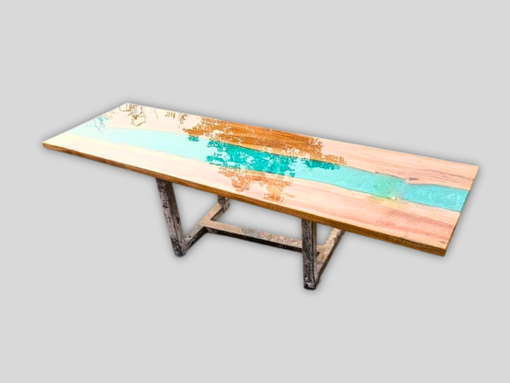 Custom Poplar Wood Blue River Epoxy Table Top for Dining Room Interior Exclusive Furniture 